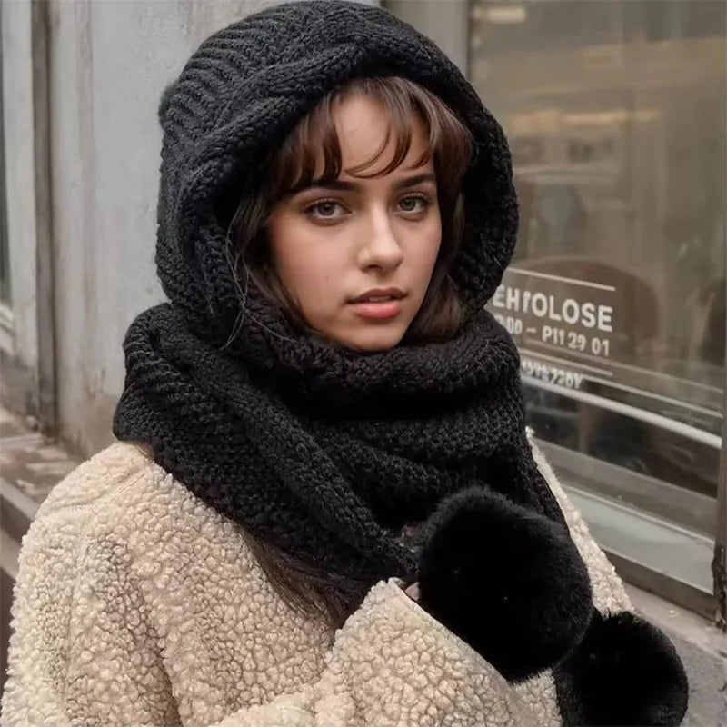 Women's Winter Hat Scarf Set - Thermal Wool Pom Beanie&Balaclava for Extreme Cold versatile hat with attached scarf knitted hat
