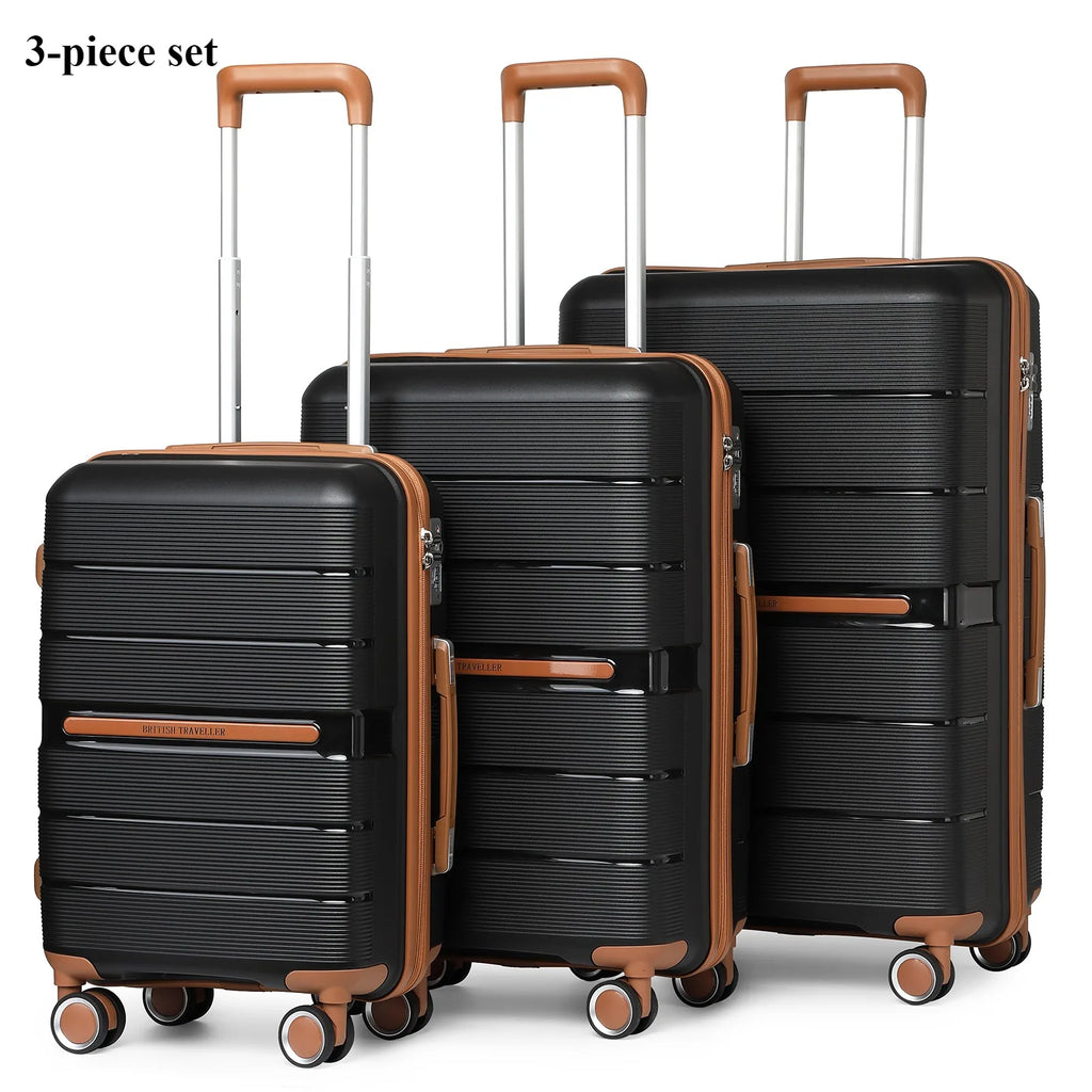 British Traveller Lightweight Hard Shell Luggage Set with TSA Lock, Spinner Wheels, 20" 24" 28" Travel Suitcases,Black