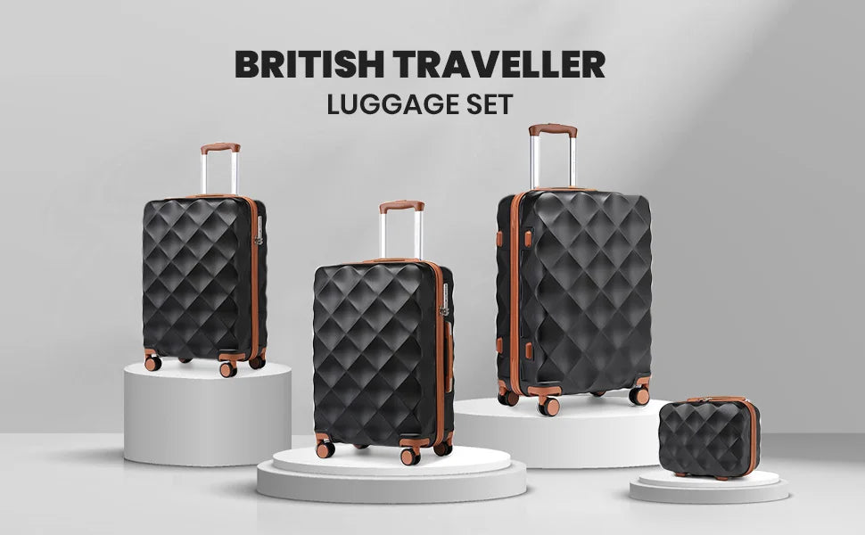 British Traveller 13/20/24/28 Inch Luggage Set with Travel Bag, Interlockable ABS+PC Hard Shell Suitcase, Side Embedded TSA Lock, Smooth Silent TPE Spinner Wheels, Full YKK Zipper Large Capacity Travel Suitcase for Overseas B