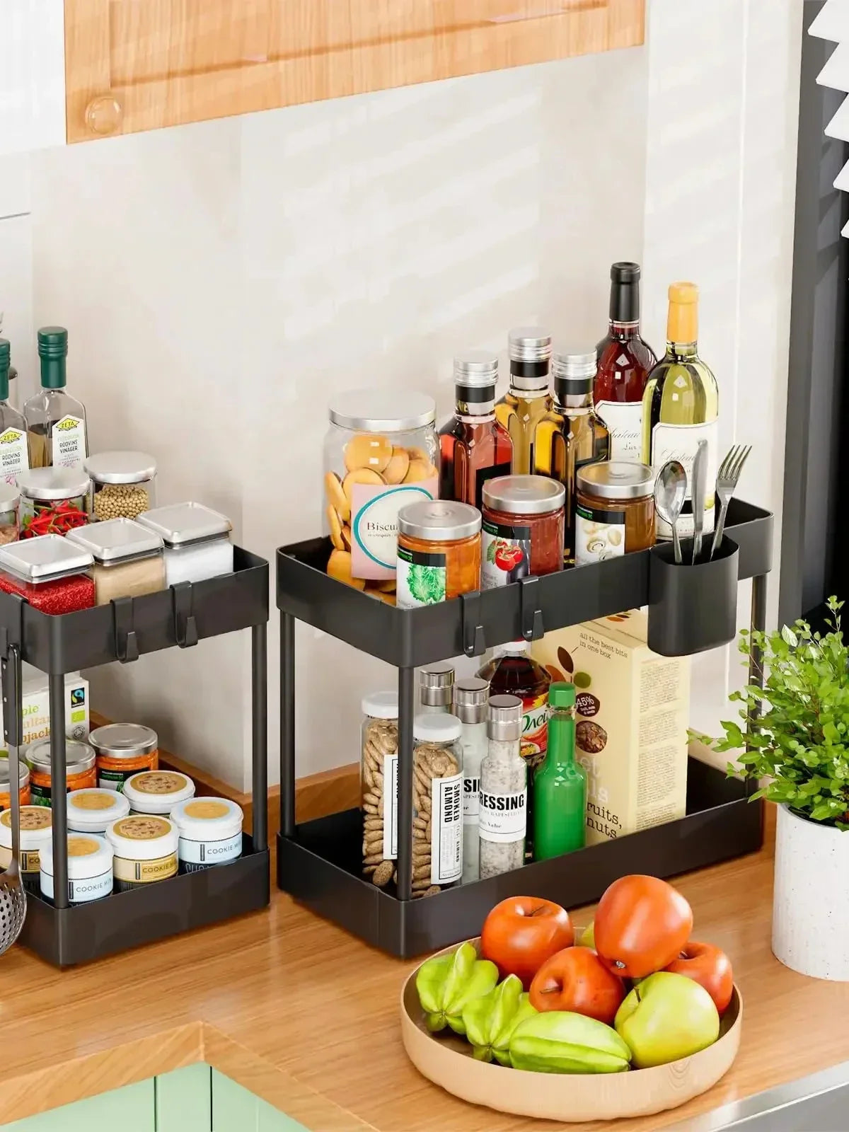 2 Tier Under Sink Sliding Cabinet Basket Organizer Storage Rack with Hooks Hanging Cup Bathroom Multifunctional Storage Rack