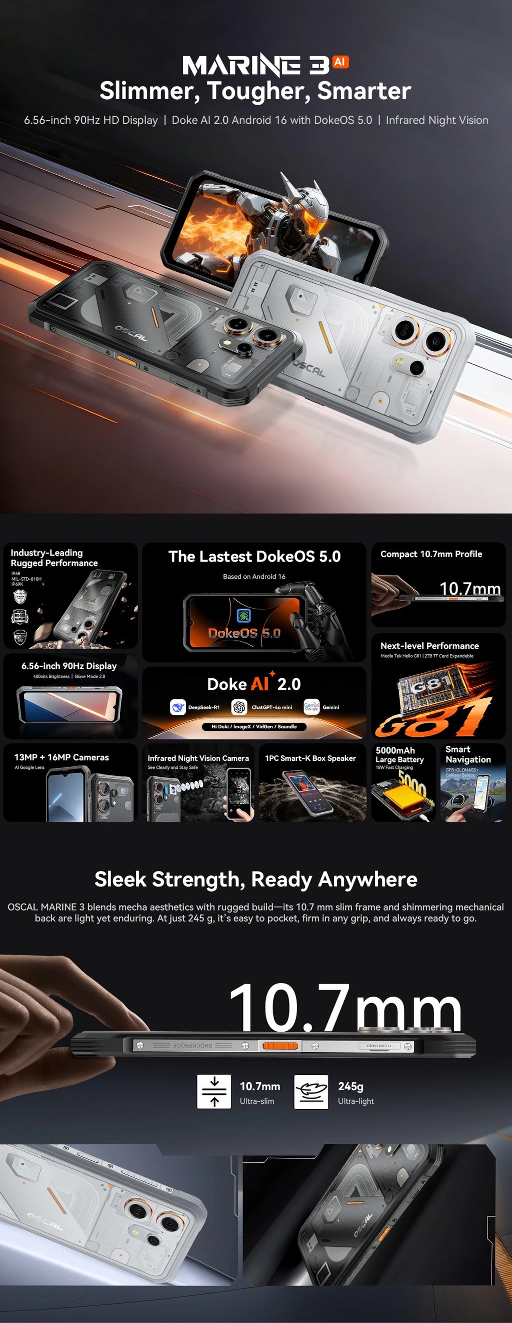 OSCAL MARINE 3 Rugged Smartphone Android 16, 6.56" HD+ Display 90Hz Helio G81 4GB Phone, 13MP+16MP Camera 5000mAh Mobile