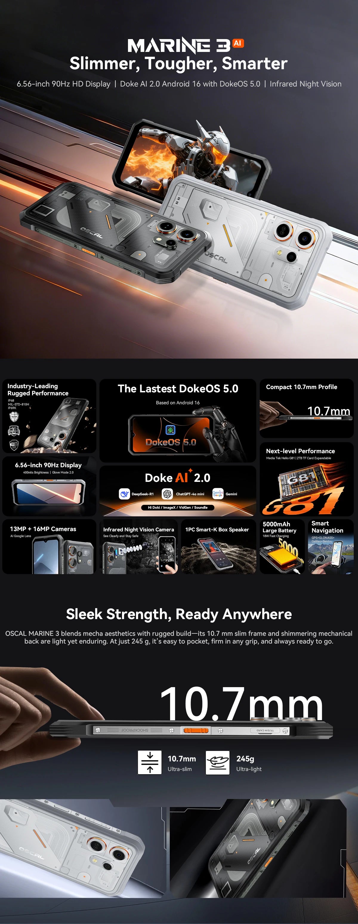 OSCAL MARINE 3 Rugged Smartphone Android 16, 6.56" HD+ Display 90Hz Helio G81 4GB Phone, 13MP+16MP Camera 5000mAh Mobile