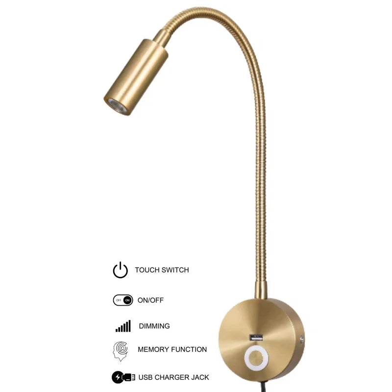 Tokili LED Golden Wall Lamp w/ USB Charger & Touch Dimmer - Bendable Gooseneck Bed Headboard Spotlight Sconce for Reading Lights