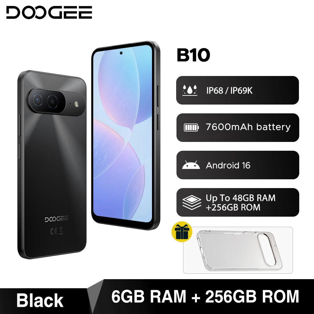 Global Version DOOGEE B10 Smartphone Android 16 7600mAh Battery 6GB 256GB 6.6'' Display 64MP AI Camera IP68 / IP69K Mobile Phone