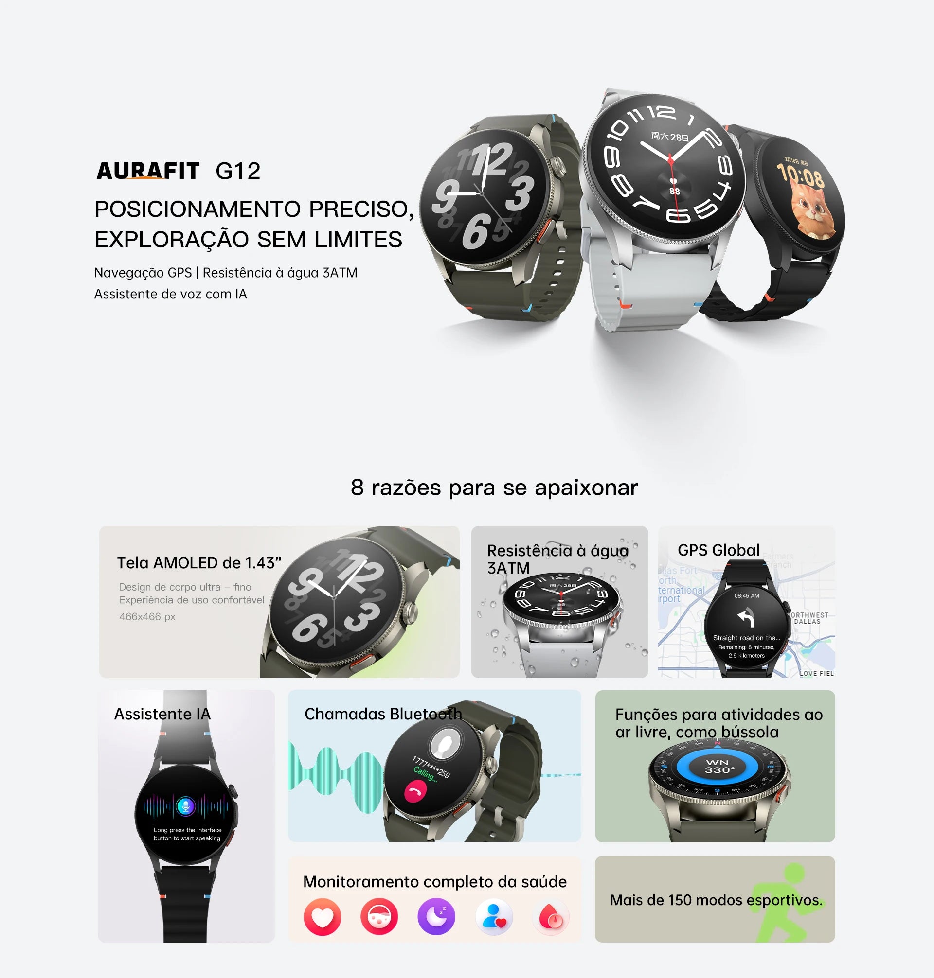 AURAFIT Trek2: Reloj intelligent con AMOLED y Gran battery of 450mAH. Mide heart rate, hace llamades, GPS y es impermeable.