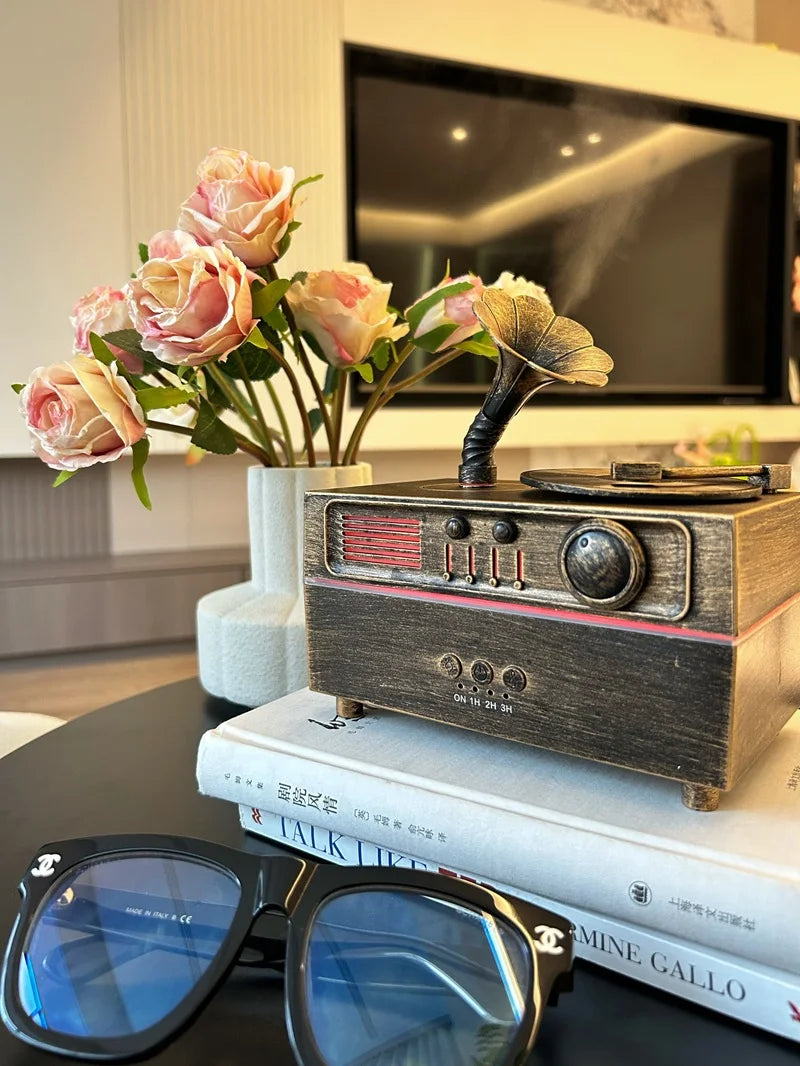 5V Retro Phonograph Bluetooth Speaker Humidifier Ultrasonic Aroma Diffuser Rotating Colorful Light Remote Essential Oil Atomizer