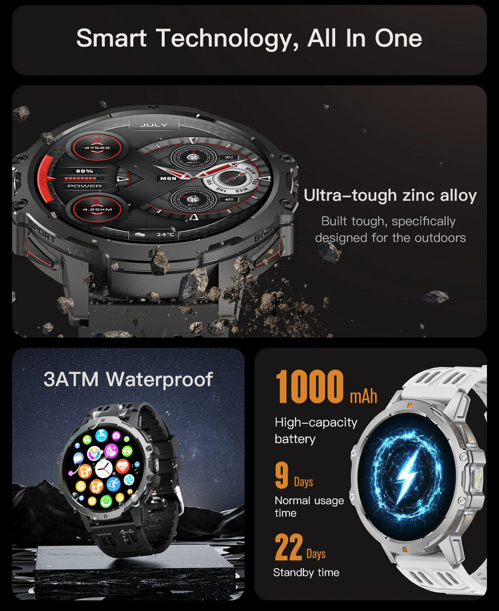 LIGE 2025 Military Grade 1000mAh Battery Smart Watch Men 3ATM Waterproof Bluetooth Call Men Sports Health Monitoring Smartwatch