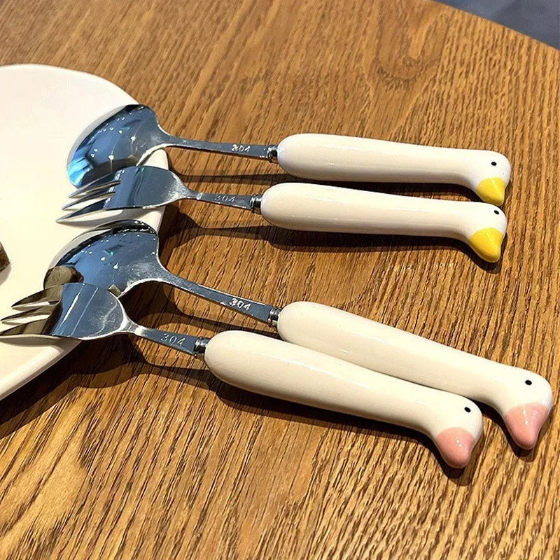 Children Cartoon Animals Cutlery Stainless Steel Spoon Fork Set Portable Outdoor Lunch Tableware with Box Kitchen Accessories
