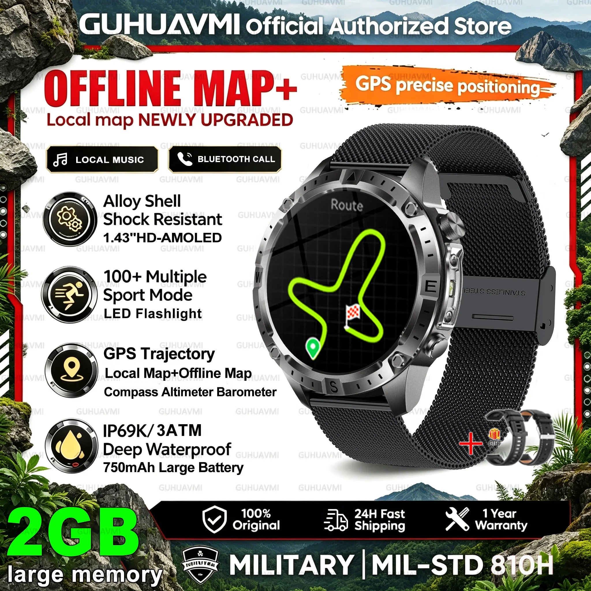 New Offline Map GPS Smart Watch 30meters Swim Waterproof 2GB Memory Bluetooth Call 100+ Sport Fitness Smart Watches For Man 2026