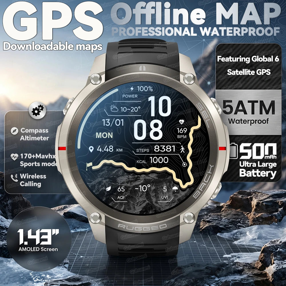 2026New Outdoor GPS Smart Watch Offline Maps Download Compass Tracking 5ATM Waterproof Tactics Sport Smart Bracelet For Men gift