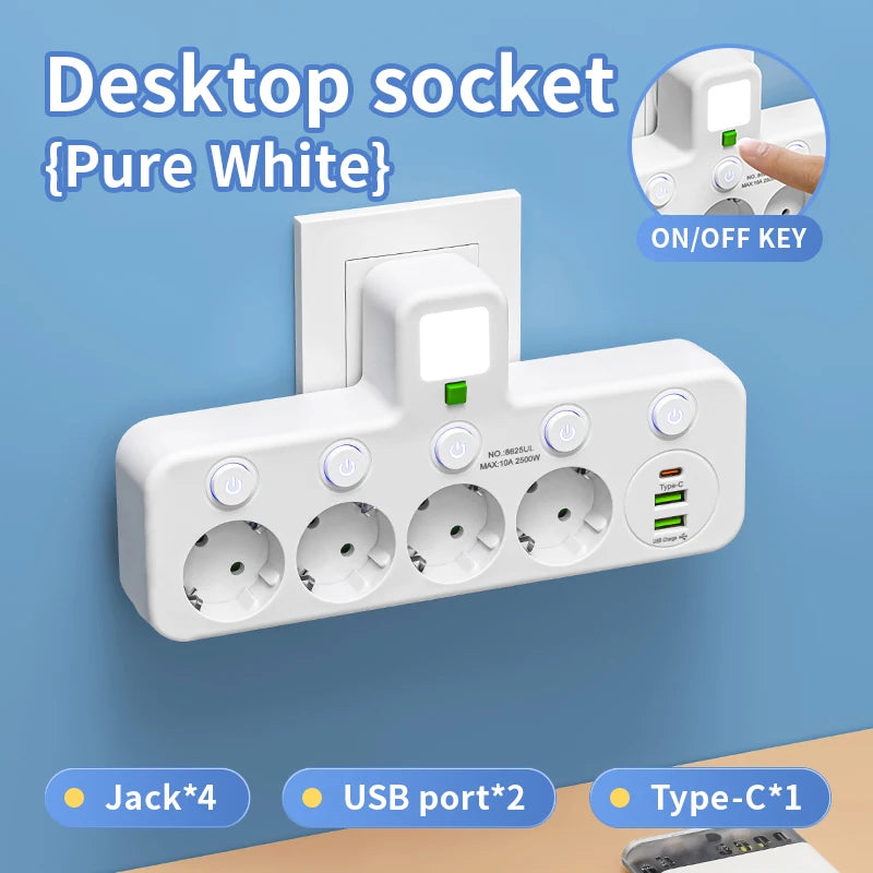 EU Plug Outlet 4 Sockets Multitap Wall Power Strip Electrical Socket 2 USB 1 Type-C Ports No Extension Cord with 2500W MAX Power