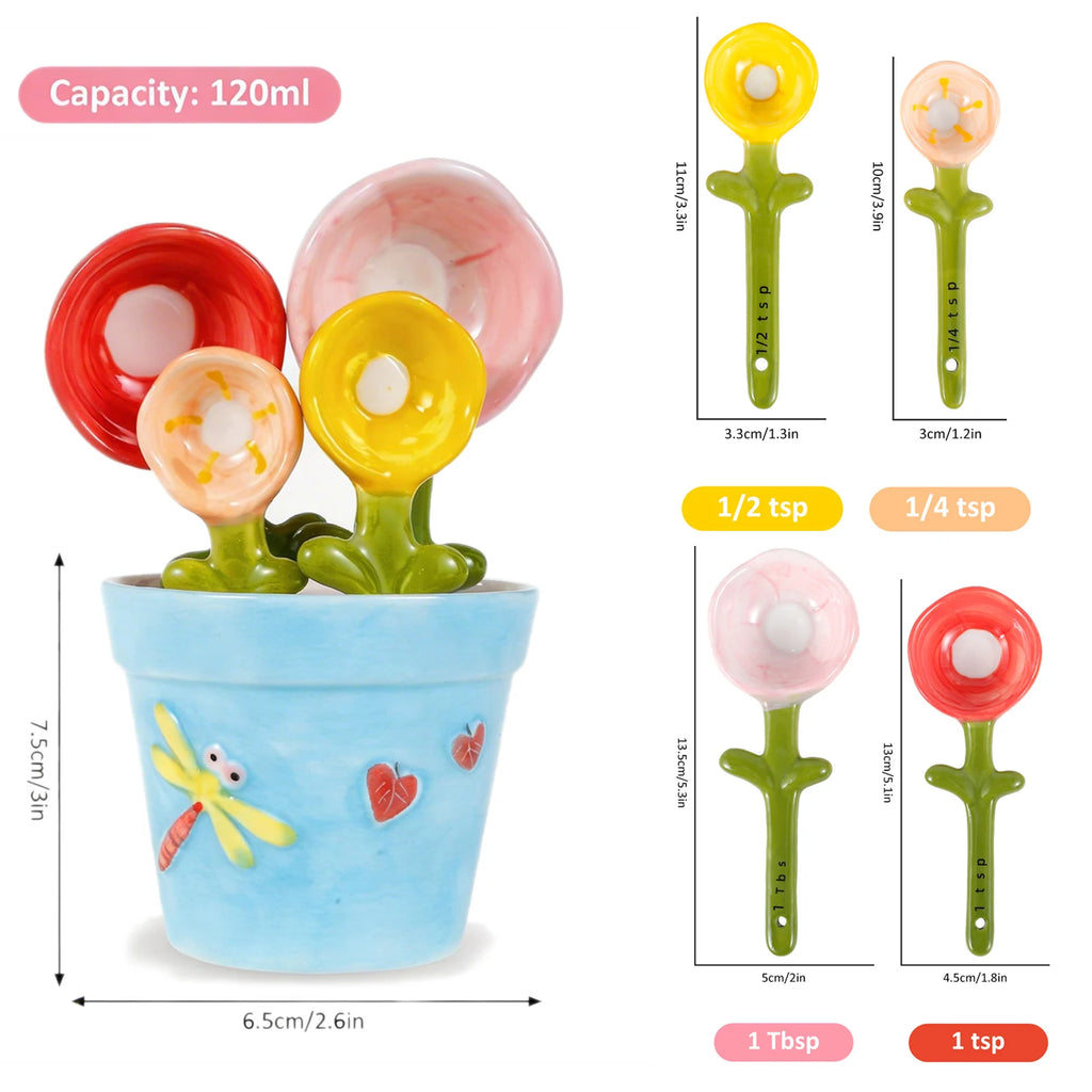 4Pcs Porcelain Measuring Spoons Set with Base Cute Cactus Shape Stirring Soup Spoon Ceramic Flower Pot Measuring Spoon