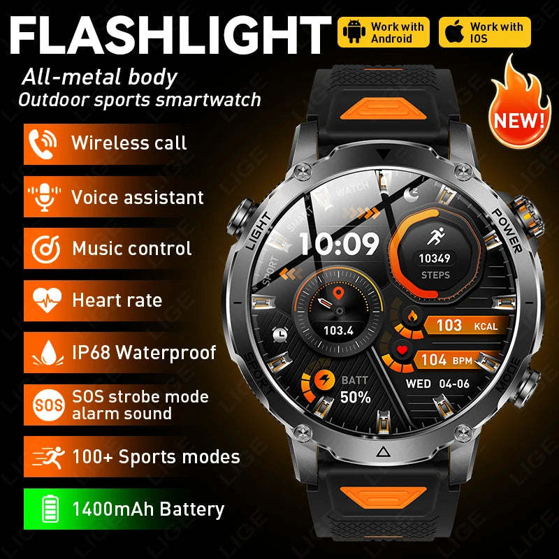 LIGE Men Smart Watch 1400 mAh 1.7 Inch Screen Bluetooth Call Voice Assistant Watch Sport Fitness IP68 Waterproof Smartwatch 2026