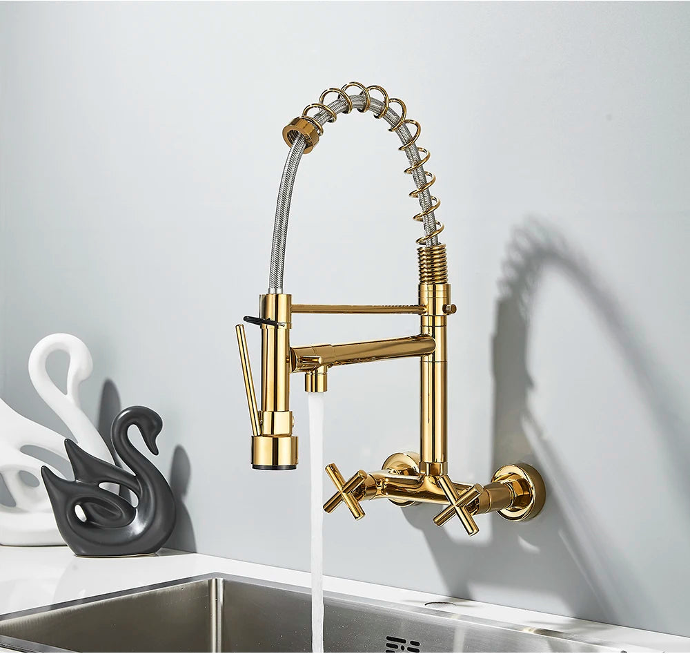 Gold Black Kitchen Faucet Wall Mount Pull Down Tap Vessel Sink Hot Cold Water Mixer Tap Spring Dual Swivel Spouts Sink Crane