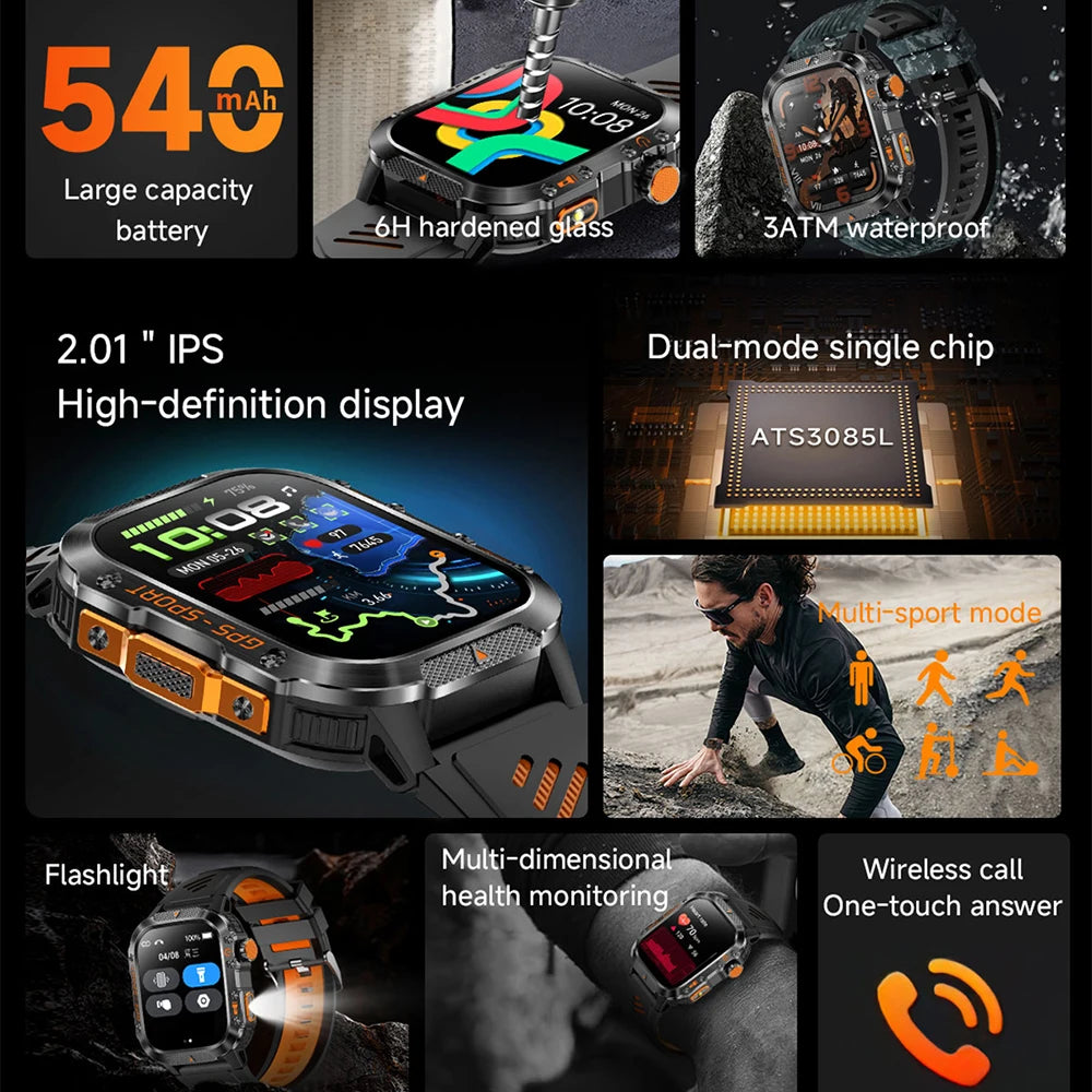 New Military Smartwatch Real GPS Compass Outdoor Smart Watch 3ATM Waterproof Sports Watches for Man Woman Electronics Clock 2025