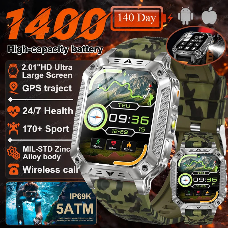 2026 Military 5ATM Waterproof Smart Watch Men 1400mAh Battery GPS Tracks 2.01" HD AMOLED Bluetooth call Sport Fitness Smartwatch