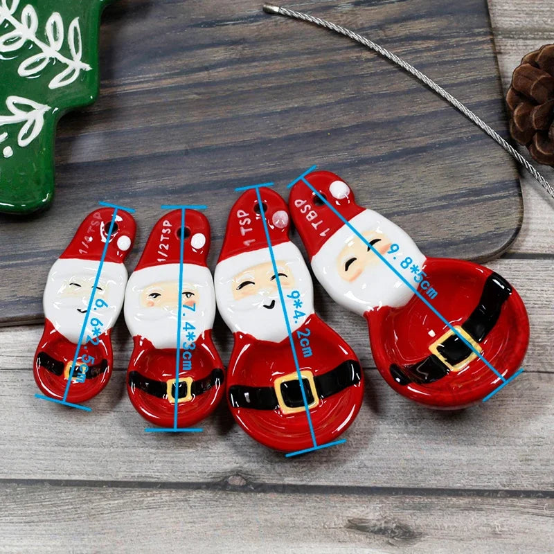 4pcs Christmas Measuring Spoons Set, 3D Hand-painted Ceramic Bowl Measuring Cup, Baking DIY Cake Flour Kitchen Accessories Gift