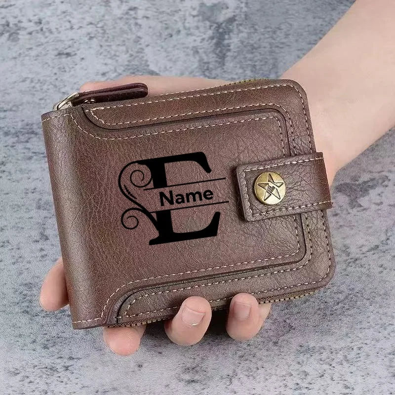 Men's Custom Wallet - Personalized Artificial Leather Men's Engraved Name and Letter Wallet, Father's Day Dad Gift, Brown