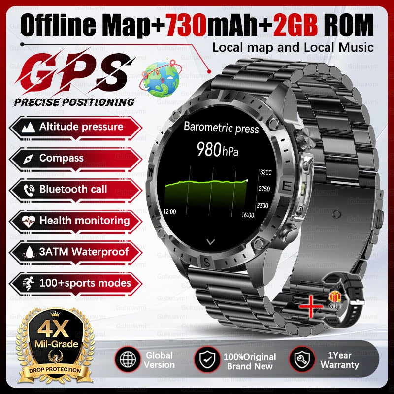 2026 Outdoor GPS Smart Watch Men 2GB ROM Offline Map 730mAh Battery 3ATM Waterproof Compass Altimeter Health Monitor Smartwatch
