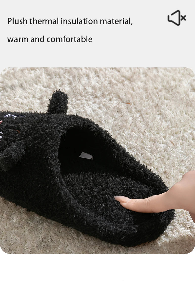 Cute Cat Design Plush Ladies Slippers Autumn And Winter Indoor Floor Non-Slip Soft Bottom Comfortable Warm Home Shoes for Unisex