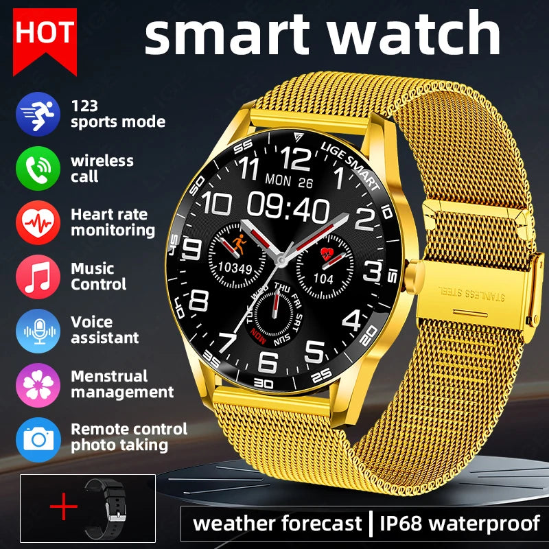 LIGE Smart Watch Men 2026 Full Touch Screen New Heart Rate Monitor IP68 Waterproof Sport Fitness Watch Bluetooth Call Smartwatch