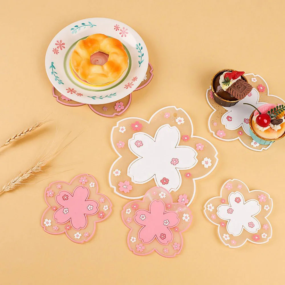 Cherry Blossom Silicone Cup Coaster Non-Slip Heat Insulation Mat for Coffee Tea Mug Cute Desktop Decorate Kitchen Table Placemat