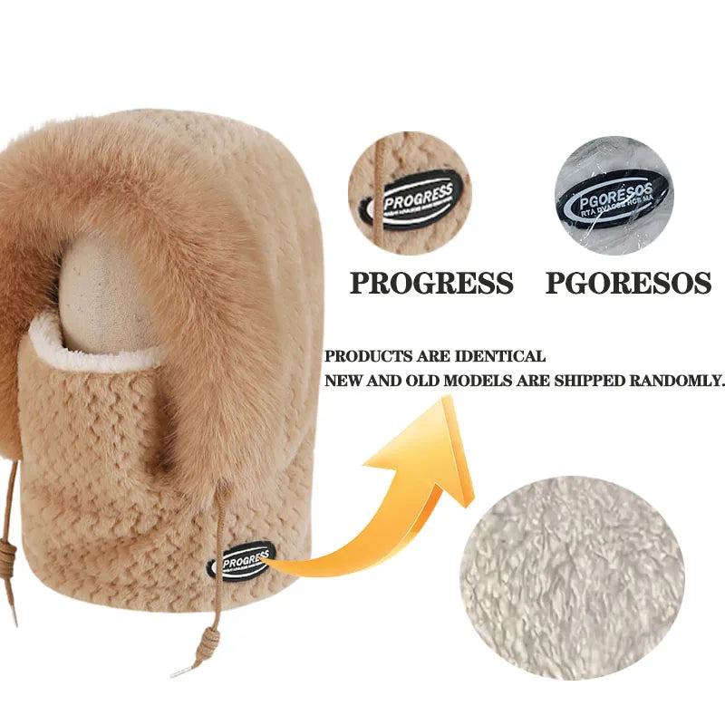 Autumn and Winter Women Thermal Plush Hat Hood Scarf and Mask Ear Protection Windproof Thick Design for Riding Outdoor