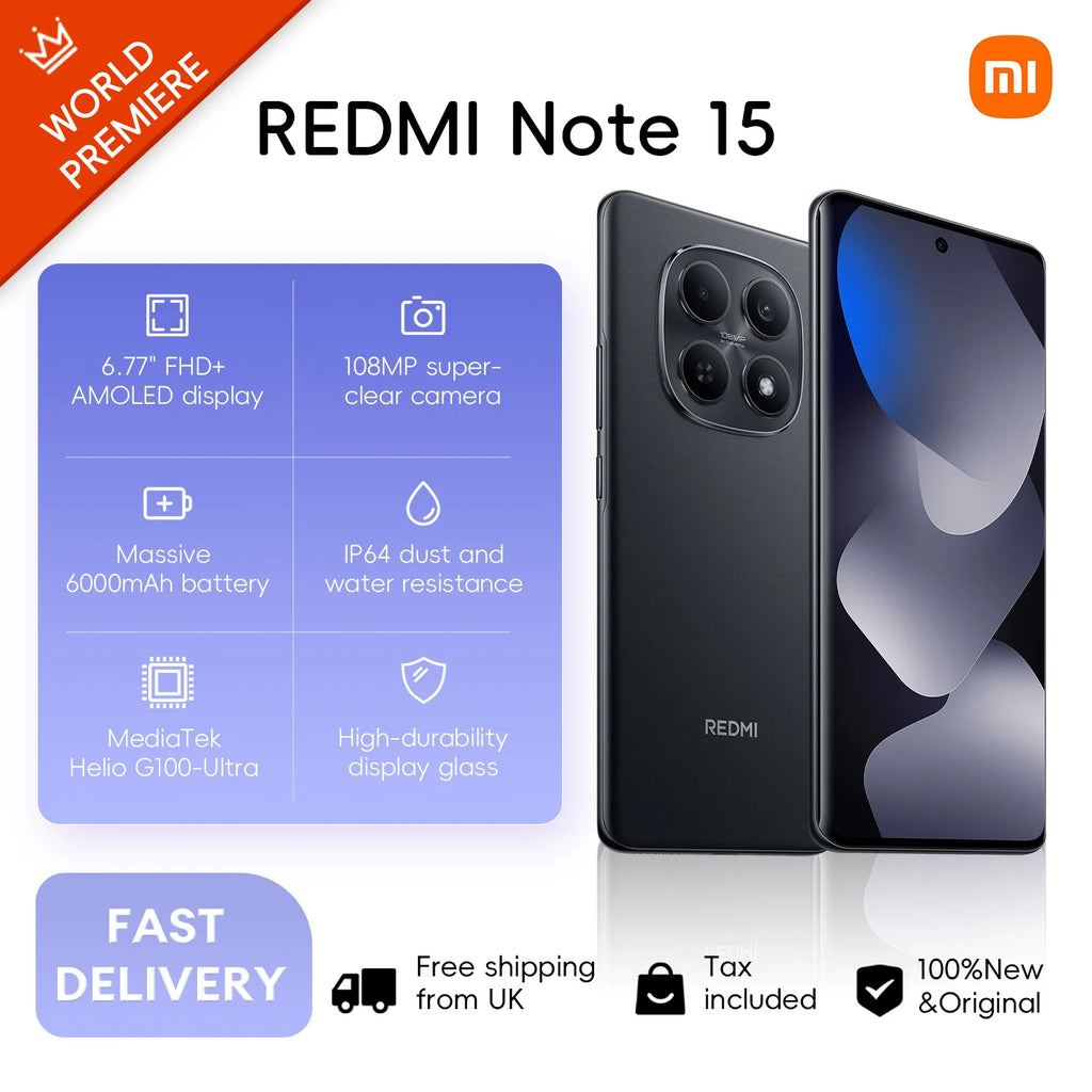 Xiaomi Redmi Note 15 4G 6+128GB Global Version 120Hz 6.77 '' AMOLED Display MediaTek Helio G100-Ultra 108MP Camera 6000mAh 33W