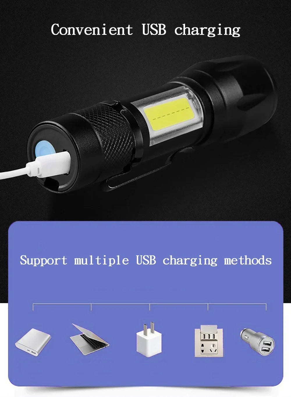Mini LED Flashlight with Pen Clip Zoomable USB Rechargeable Portable Torch with Side Lights Outdoor Camping Emergency Lantern