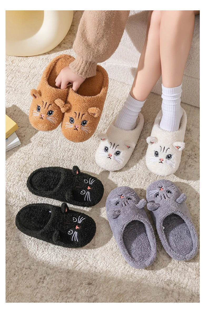 Cute Cat Design Plush Ladies Slippers Autumn And Winter Indoor Floor Non-Slip Soft Bottom Comfortable Warm Home Shoes for Unisex