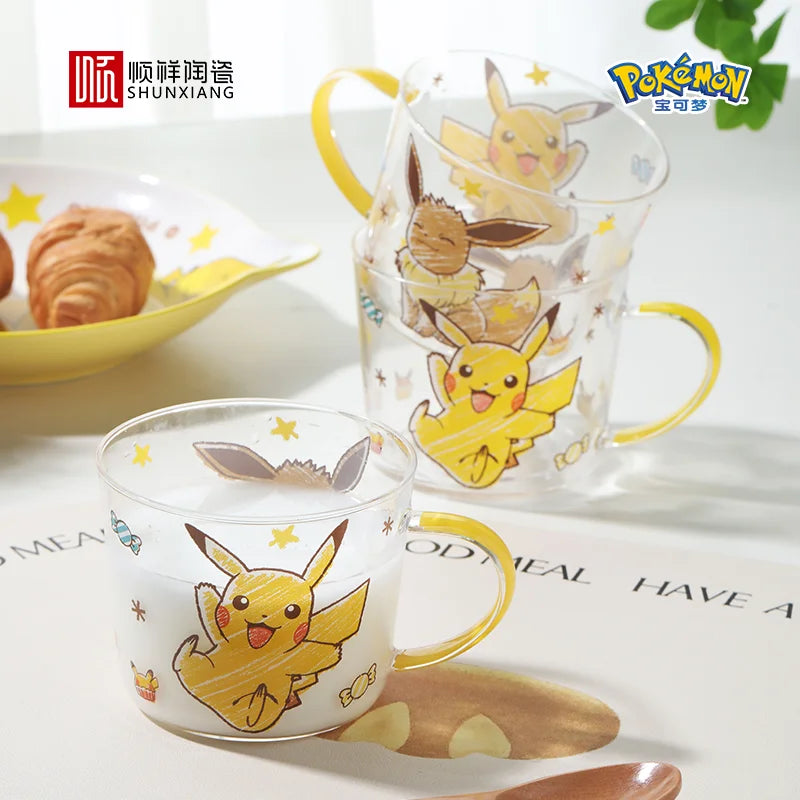 SHUNXIANG Pokémon Pikachu Glass Mugs Milk Cup Cute Drink Tableware Coffee Cup Kawaii  Transparent Water Cup with Handle Gift