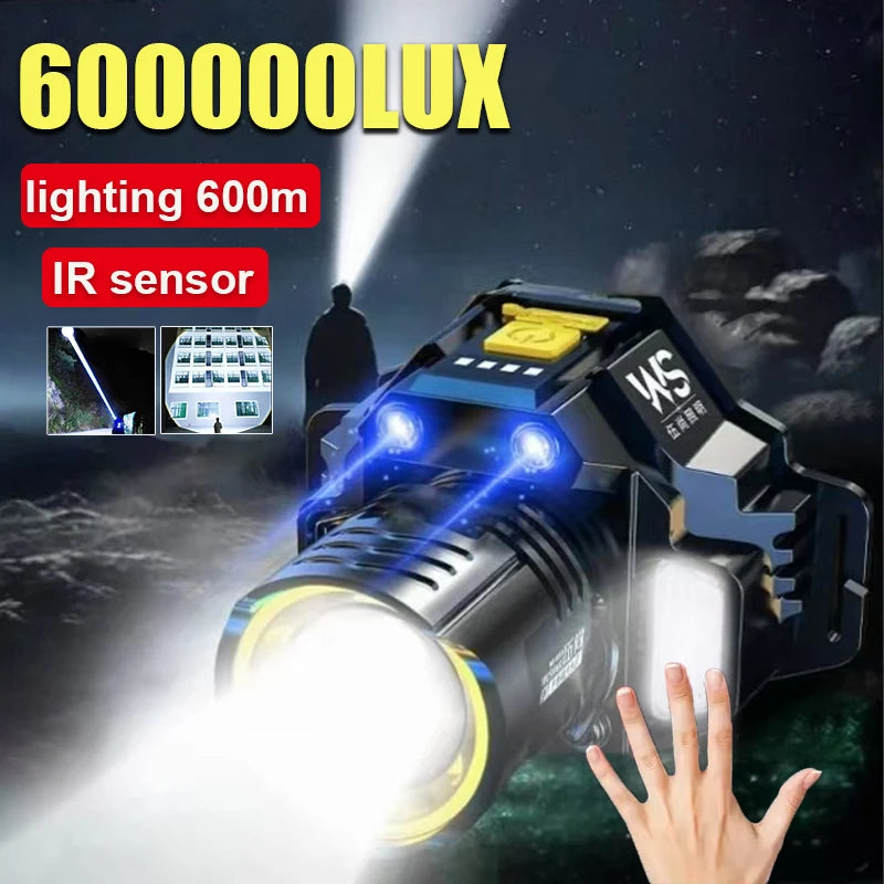 Rechargeable Powerful Headlamp 90° Adjustable Zoomable LED Headlight Built-in 18650 Battery for Camping Front Head Lantern