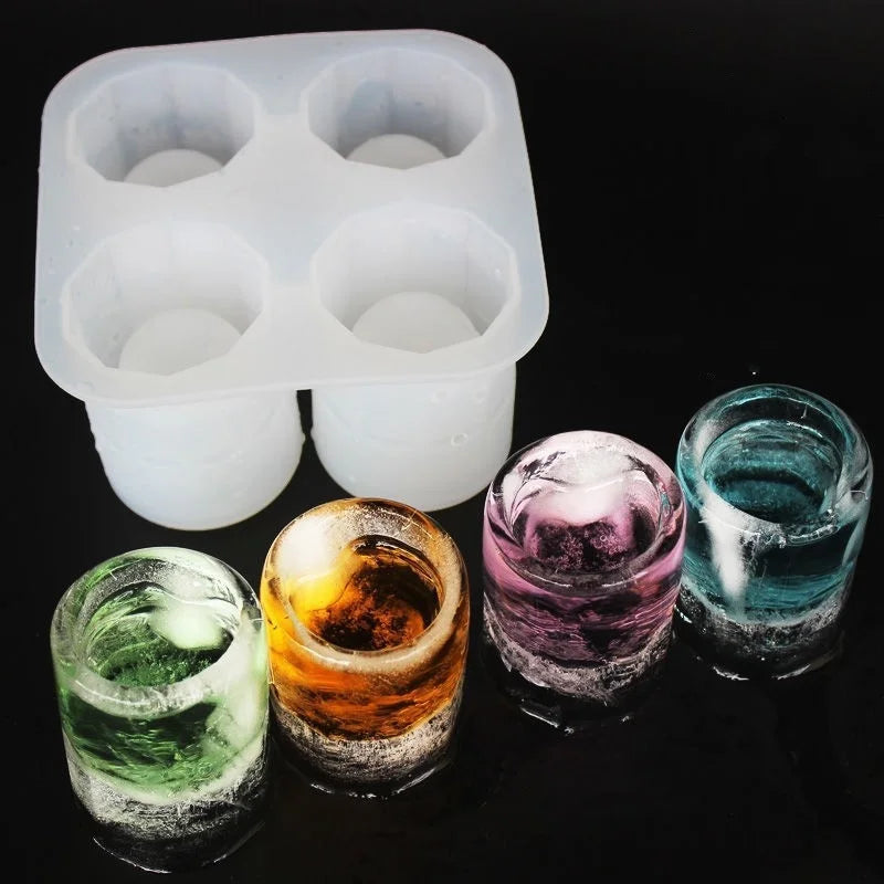Silicone Ice Cube Mold Four Hole Press Ice Block Maker Creative Round Cup Shape Ice Molds for Whiskey Beer Bar Kitchen Tools