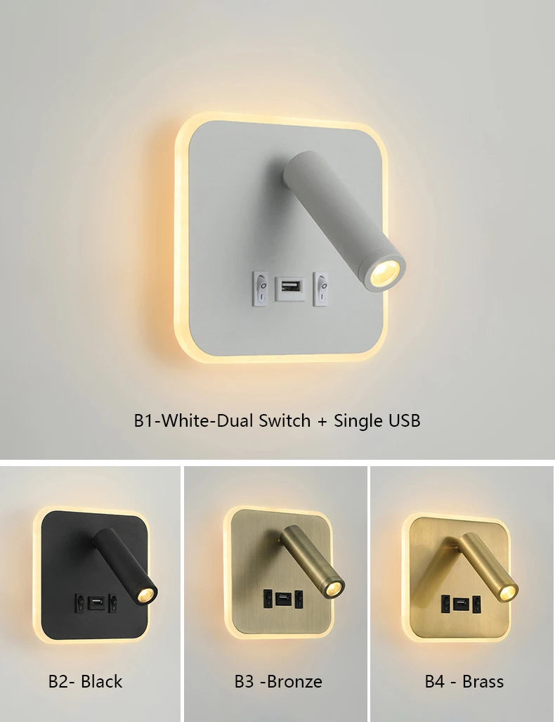 Contemporary Multifunctional LED Wall Sconce with Switch Modern Adjustable Reading Lamp USB Charging Ports for Bedrooms Offices