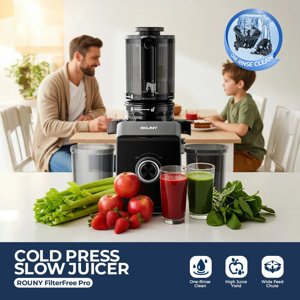 ROUNY Slow Juicer, Cold Press Extractor with Filter-Free, Easy Clean Electric Fruit Juicer Machine with Large Caliber,  Black