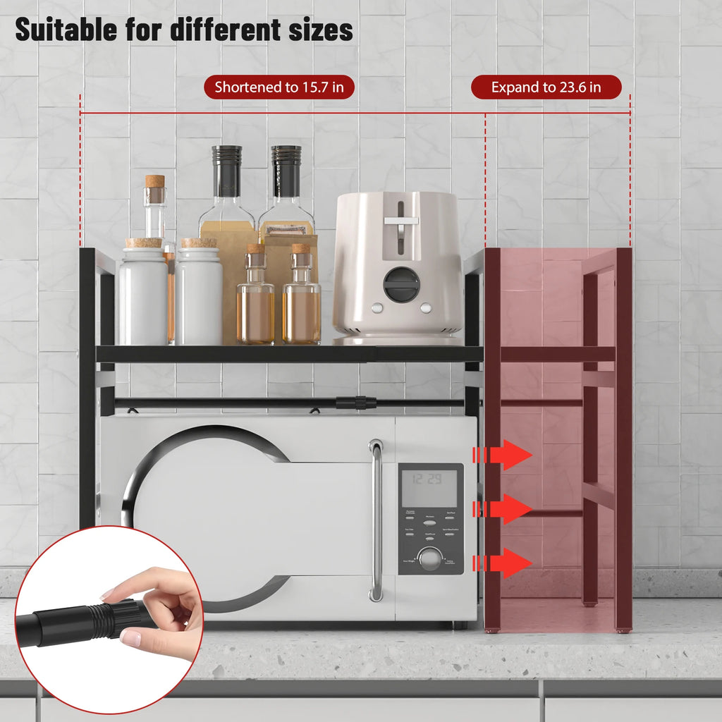 Expandable Microwave Rack, 2 Tier Microwave Rack with 6 Hooks, Microwave Rack, Baking Rack, Kitchen Countertop Organiser