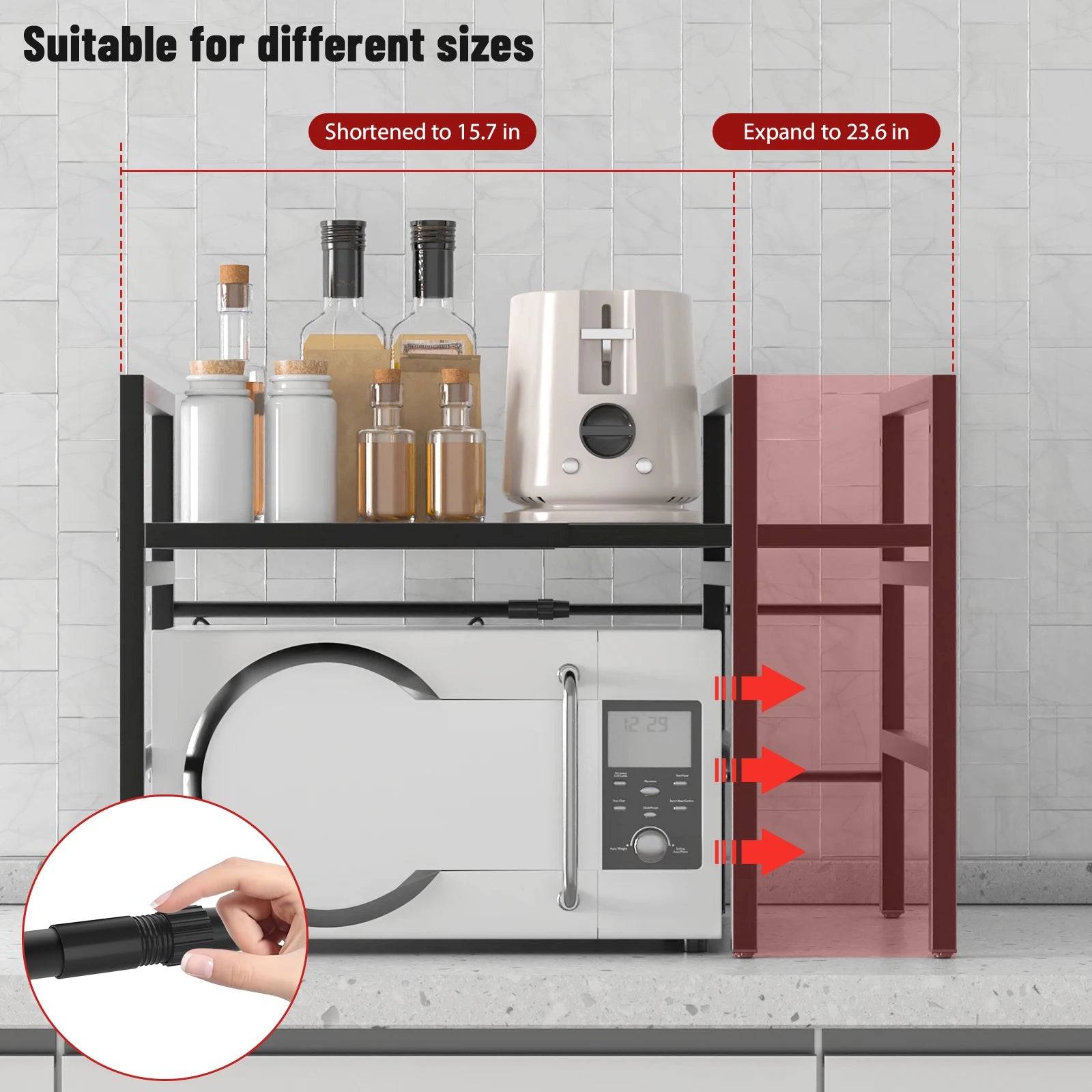 Expandable Microwave Rack, 2 Tier Microwave Rack with 6 Hooks, Microwave Rack, Baking Rack, Kitchen Countertop Organiser