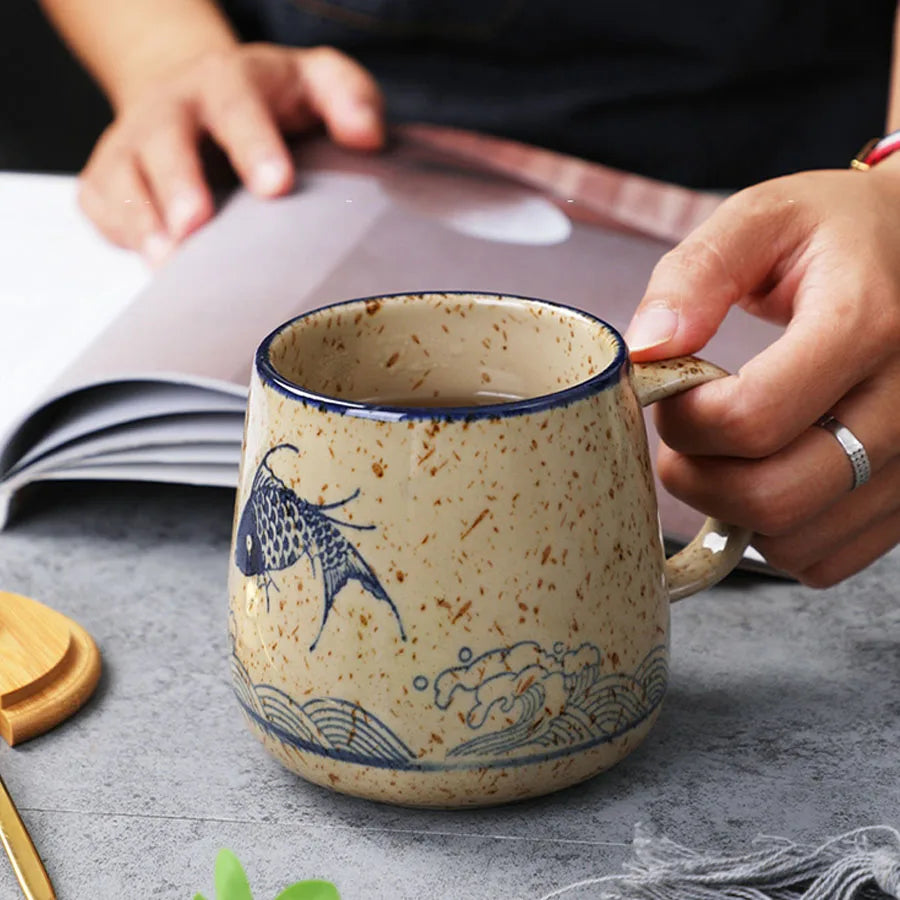 YWDL 350ml Japanese Ceramic Coffee Mug With Lid And Spoon Milk Breakfast Cups Home Heat-resistant Teacup Tumbler Water Mug Gift