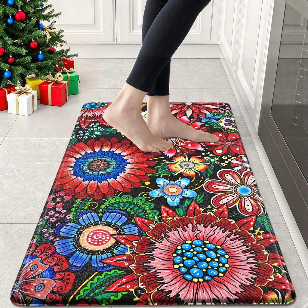 Boho Floral Kitchen Runner Rug, Non-Slip Washable Floor Mat with Colorful Flower Art Print for Kitchen, Bedroom, Bathroom Area