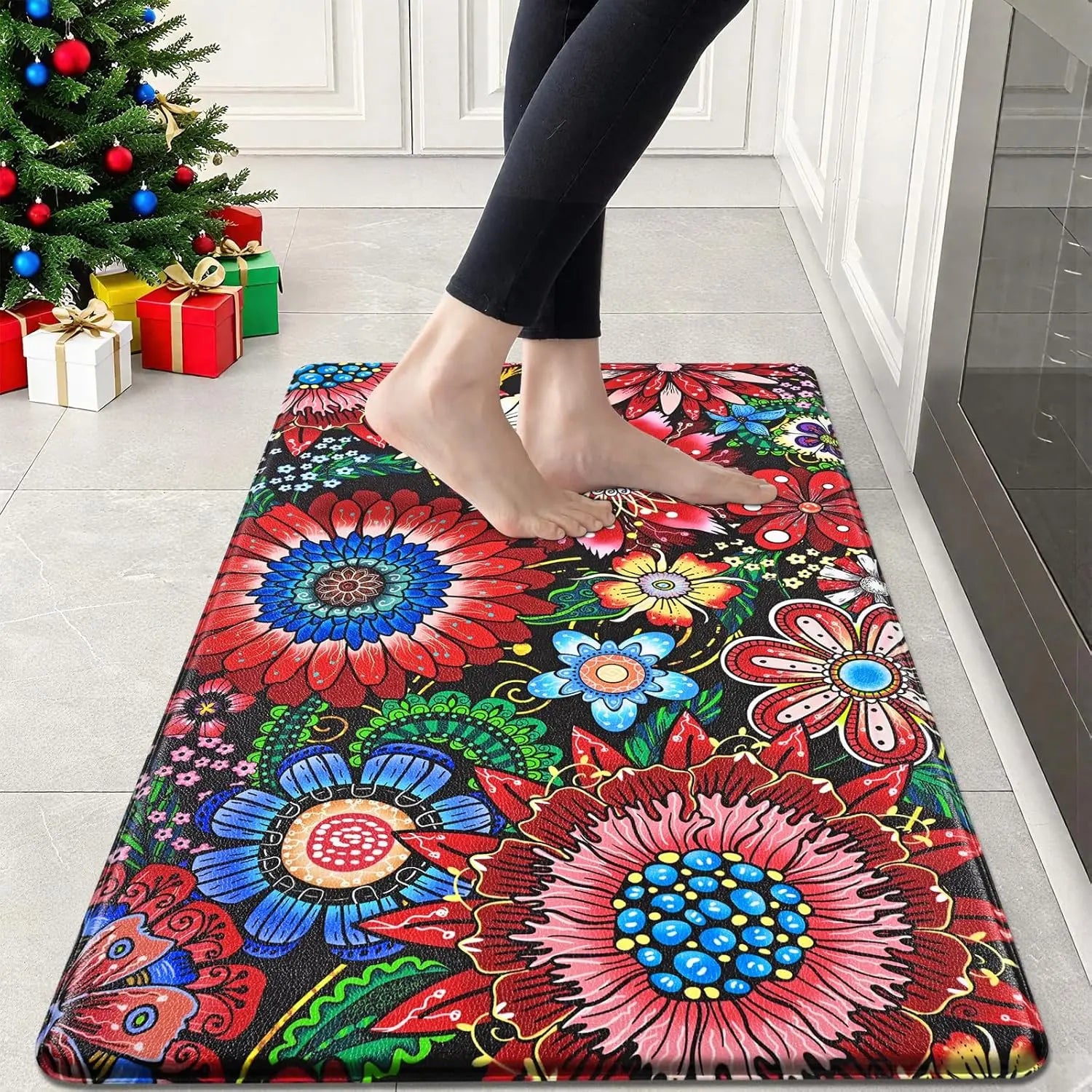 Boho Floral Kitchen Runner Rug, Non-Slip Washable Floor Mat with Colorful Flower Art Print for Kitchen, Bedroom, Bathroom Area