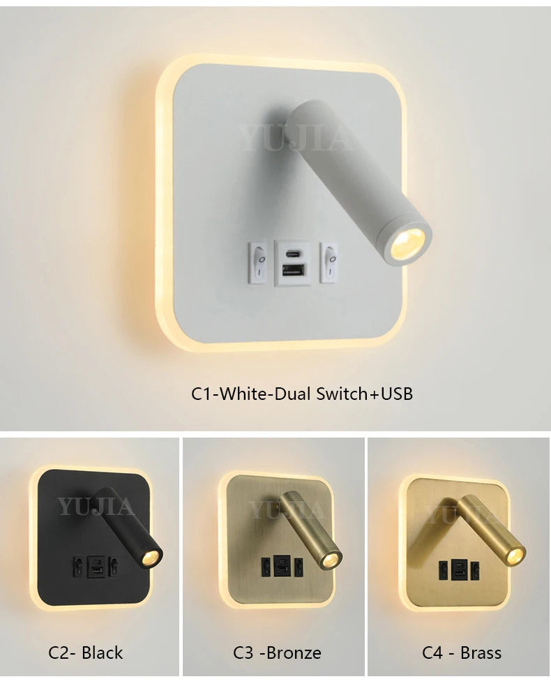 Contemporary Multifunctional LED Wall Sconce with Switch Modern Adjustable Reading Lamp USB Charging Ports for Bedrooms Offices