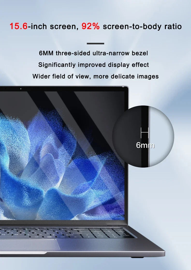 15.6" Portable Slim Laptop Core 6500Y Large Battery Long Standby Backlit Keys Fingerprint Security Office PC