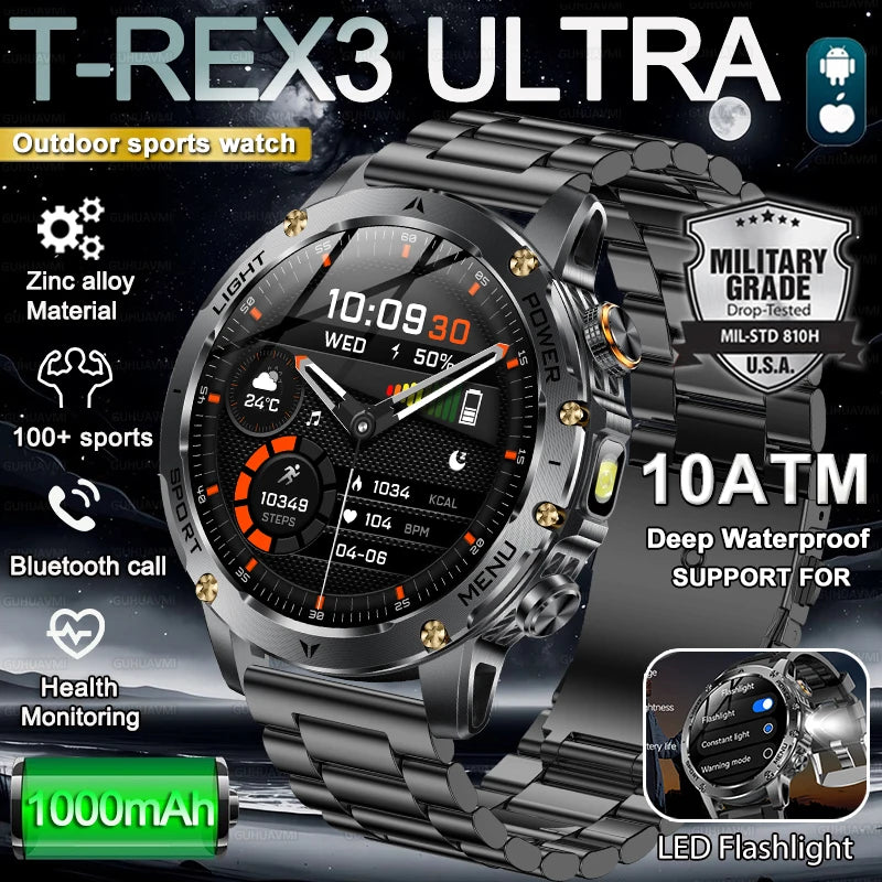 2026 New Military Smart Watch 1000Mah Battery Fitness Tracking 10ATM Waterproof Tactics Sport Flashlight call Bracelet For Men