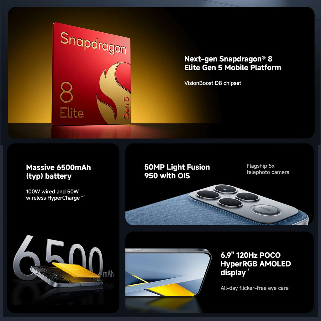 Xiaomi POCO F8 Ultra 5G, 12+256GB Global Version, Dual eSIM 3nm Snapdragon® 8 Elite Gen5 Mobile Platform 6.9" 120Hz Eye-care AMOLED Display 50MP 6500mAh 100W NFC