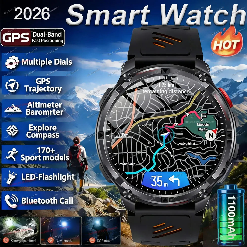 2026 New 1100mAh 1.7 Inch Smart Watch GPS path 5ATM Waterproof Sports Run Hiking Outdoors Compass Flashlight Military Smartwatch