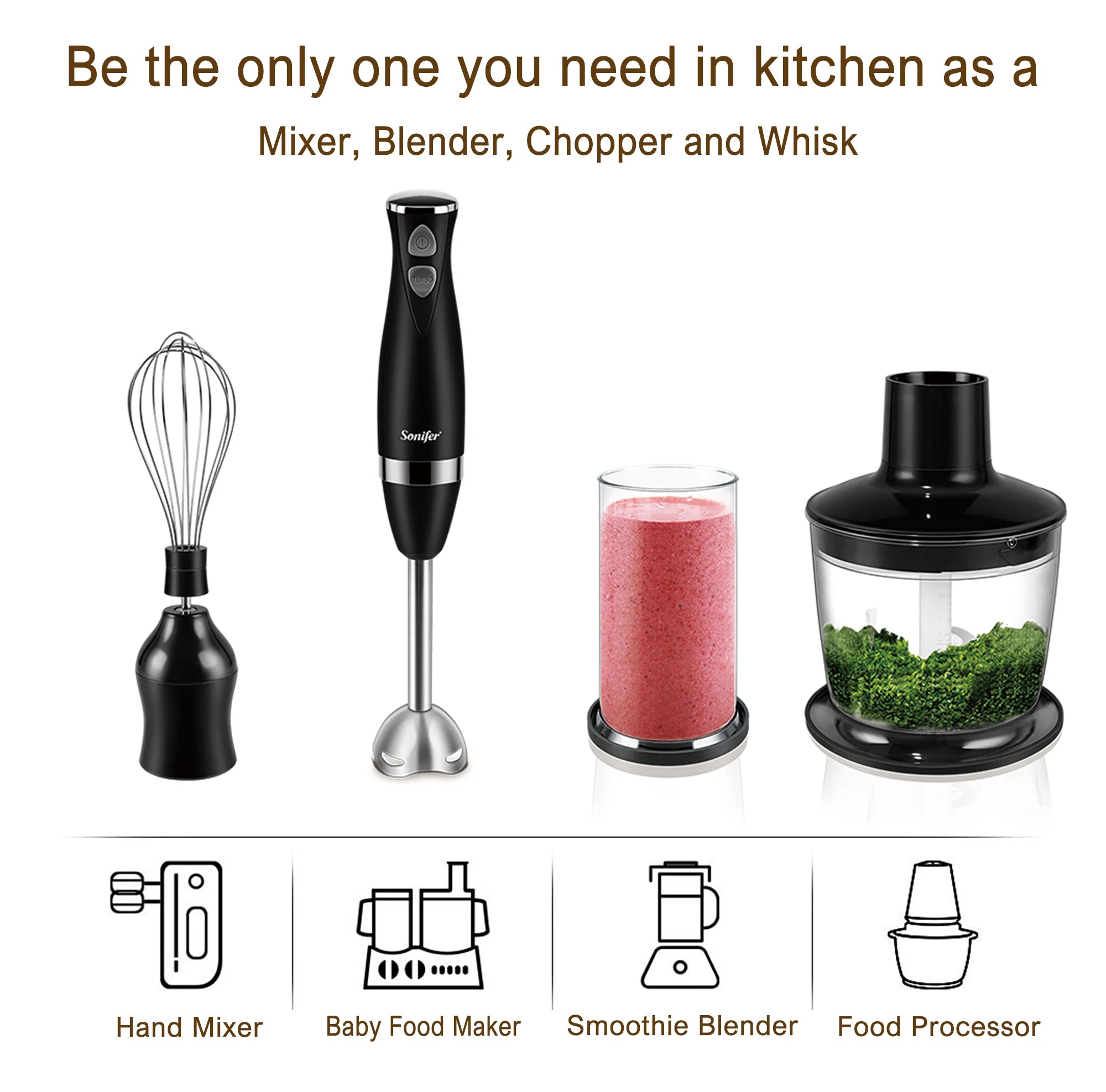 Stainless Steel Hand Blender 3 In 1 Immersion Electric Food Mixer With Bowl Kitchen Vegetable Meat Grinder Chopper Whisk Sonifer