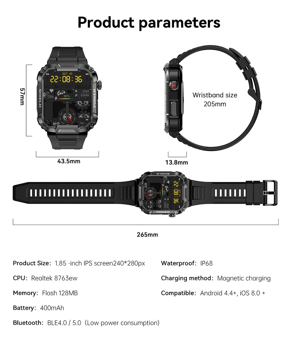MEVADEN 1.85 inch Outdoor Military Smart Watch Men Bluetooth Call Smartwatch Waterproof Sports Fitness Watches for Android IOS