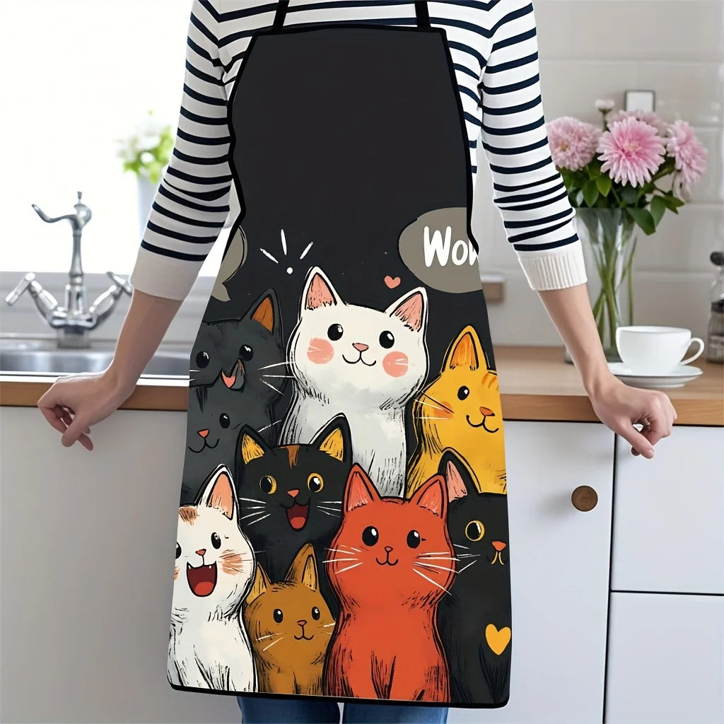 Cute Cat Pattern Polyester Apron  Vibrant Cartoon Cats with Hearts & Stars DesignKitchen Apron for Cooking, Baking Home Decor