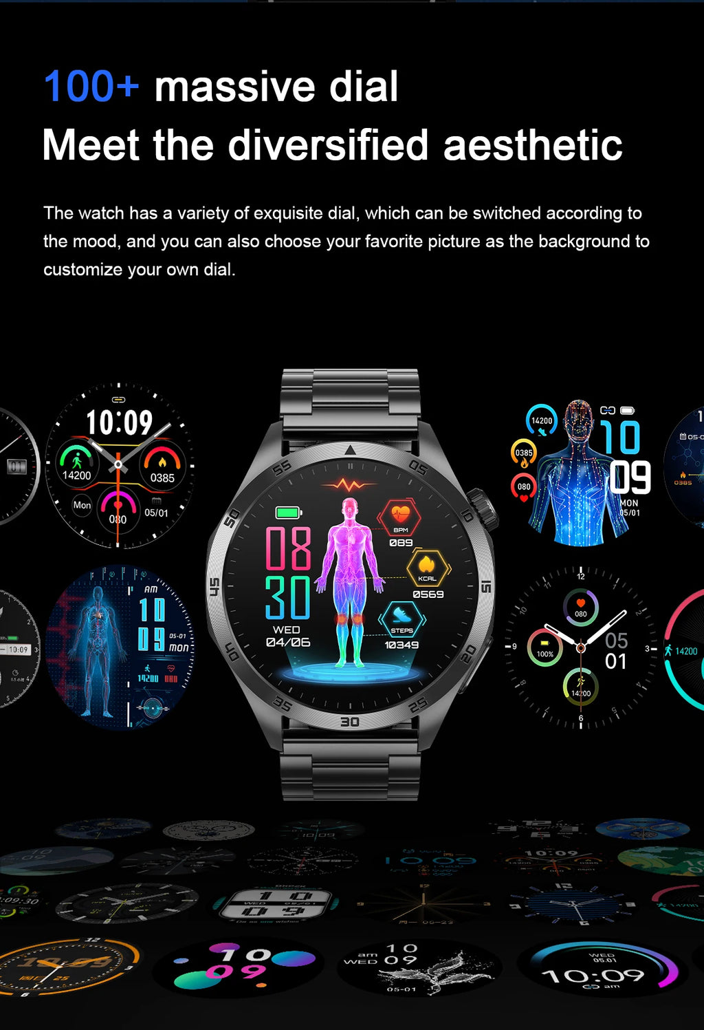 For iOS Android New Health Measurement SmartWatch Men Blood Oxygen Uric Acid ECG+PPG Body Blood Pressure HD Bluetooth Call Watch
