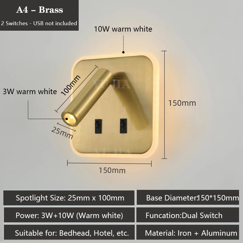 Contemporary Multifunctional LED Wall Sconce with Switch Modern Adjustable Reading Lamp USB Charging Ports for Bedrooms Offices